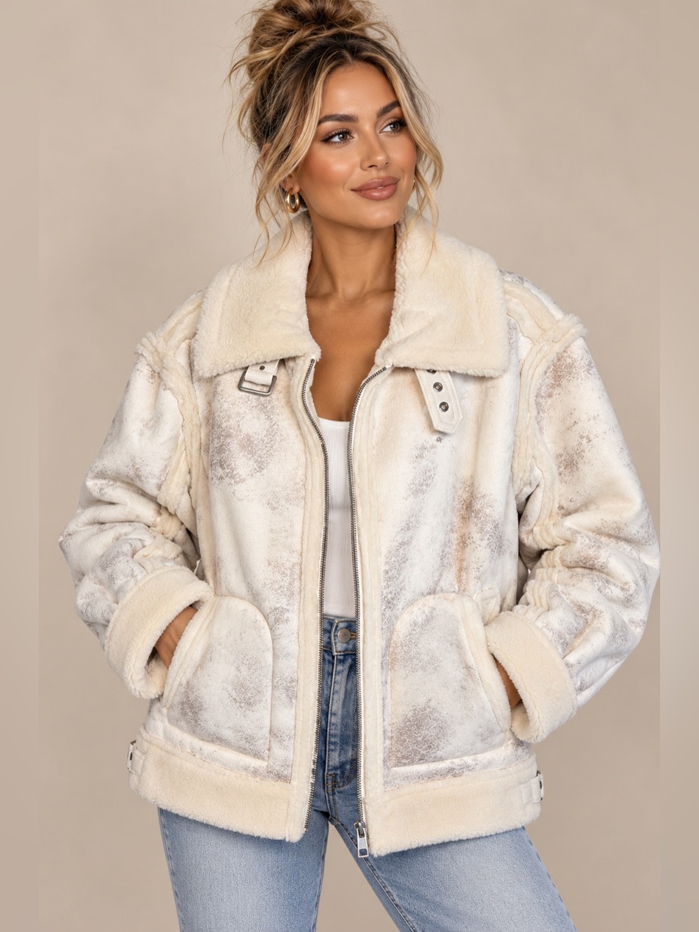 G BY GIULIANA FAUX SHEARLING BOMBER JACKET IN CREAM SZ M NWOT